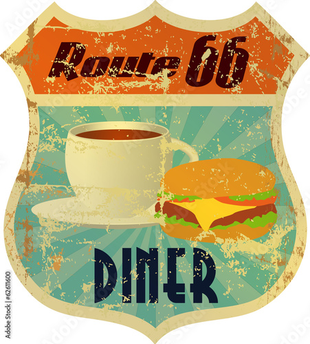 retro route 66 diner sign, grunge style, vector eps 10