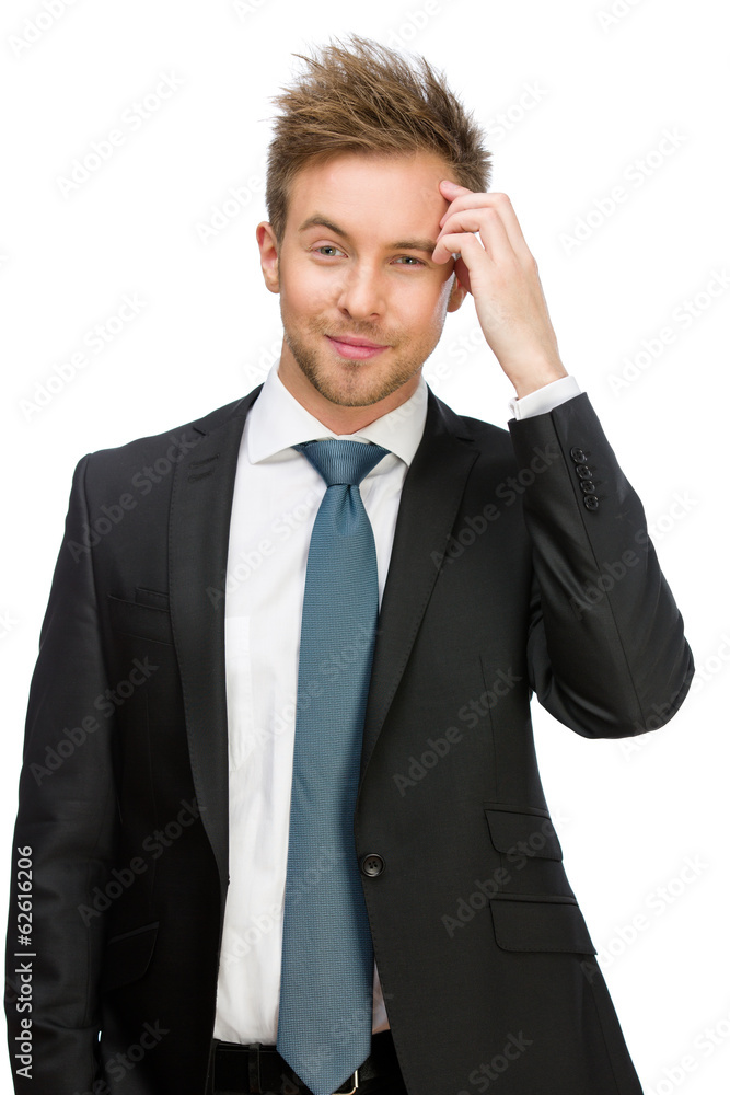Half-length portrait of pensive manager touching face Half-length portrait of pensive manager touching face