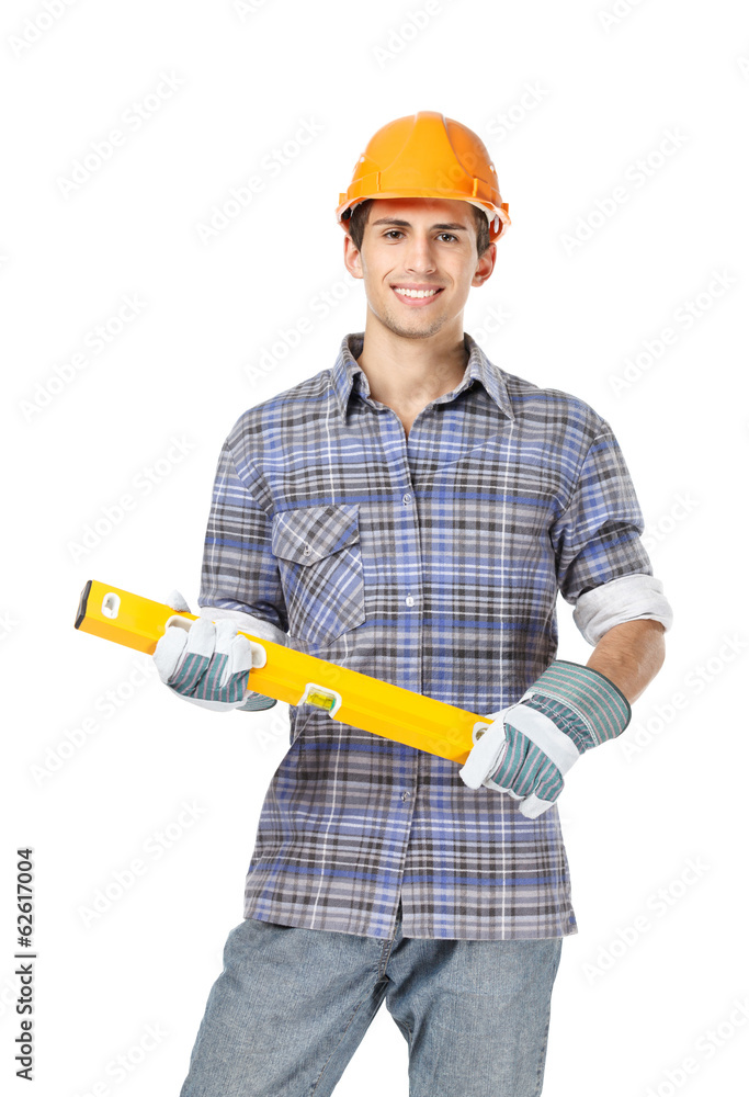 Portrait of foreman in range helmet handing level Portrait of foreman in range helmet handing level