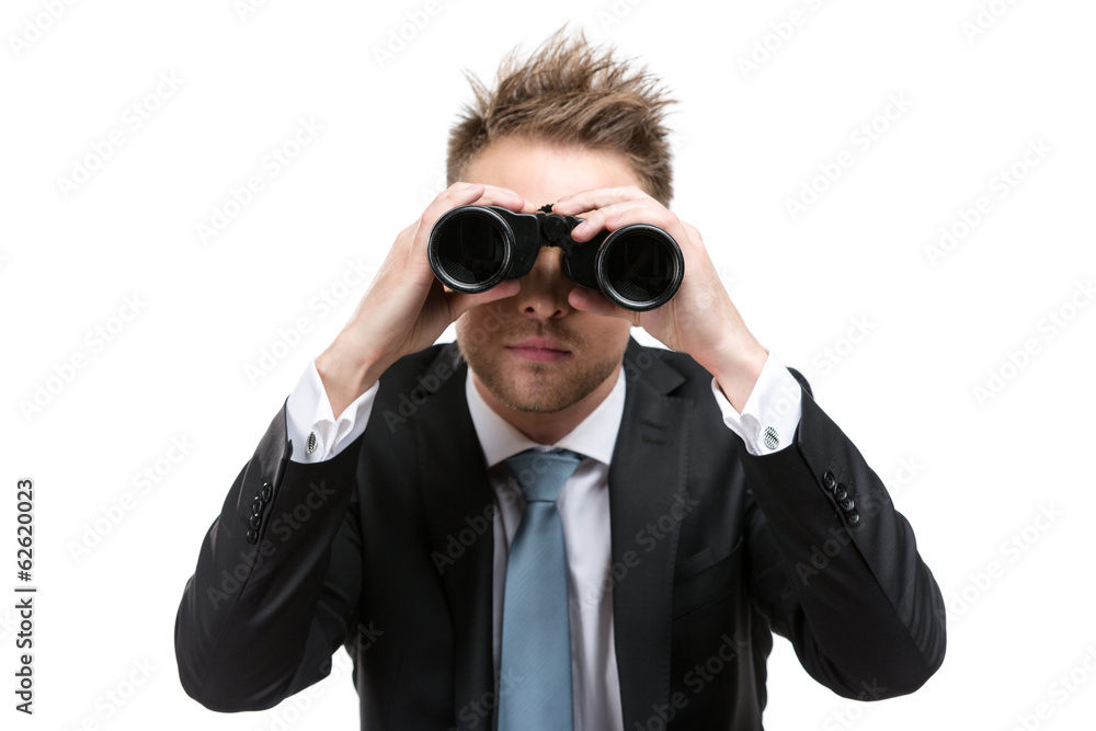 Business man wearing suit with blue tie hands binocular Business man wearing suit with blue tie hands binocular