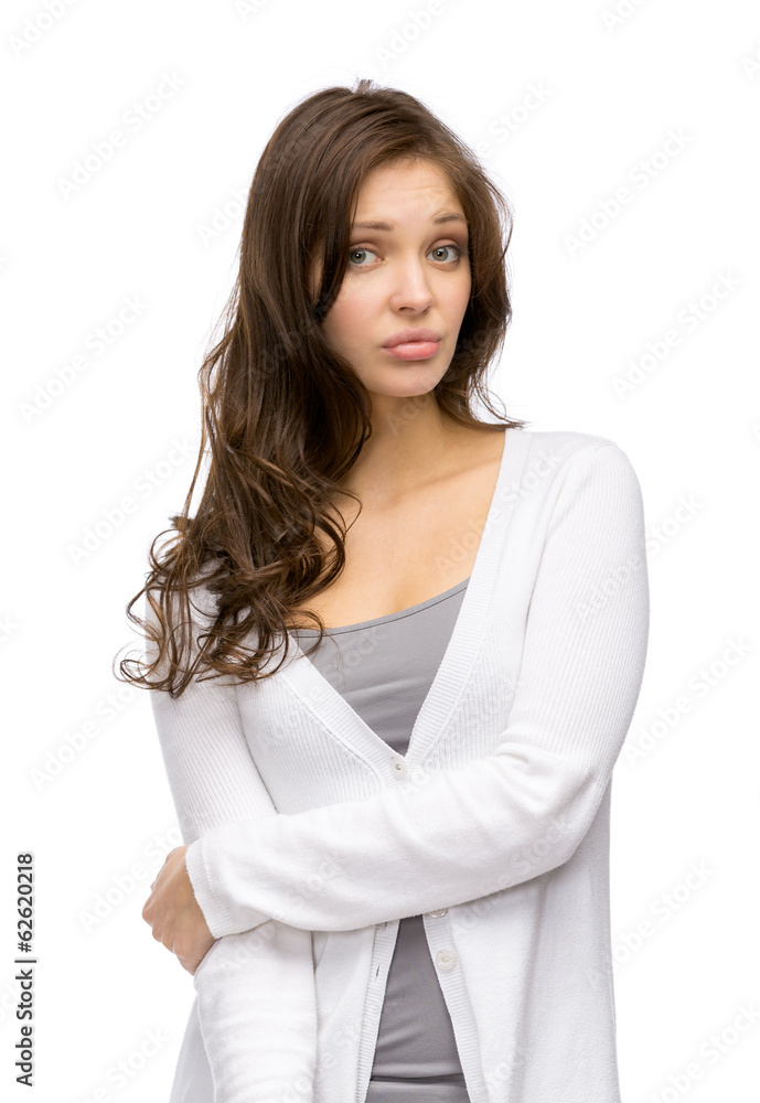 Half-length portrait of unhappy woman, isolated Half-length portrait of unhappy woman, isolated
