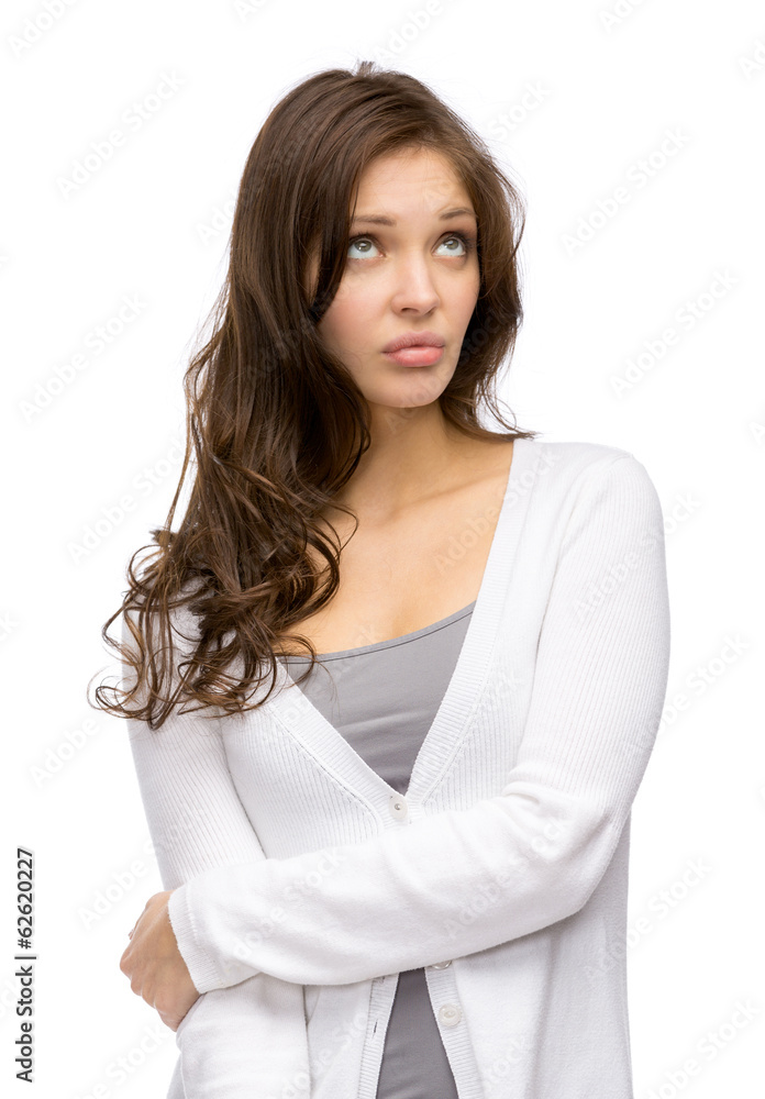 Half-length portrait of unhappy girl, isolated on white Half-length portrait of unhappy girl, isolated on white