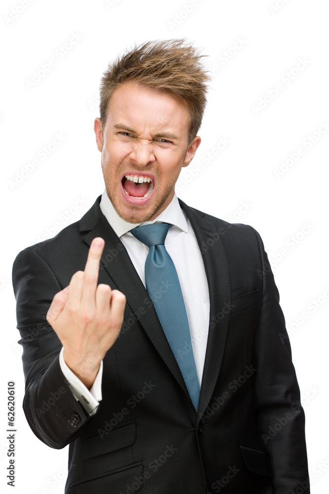 Half-length portrait of businessman showing vulgar gesture Half-length portrait of businessman showing vulgar gesture