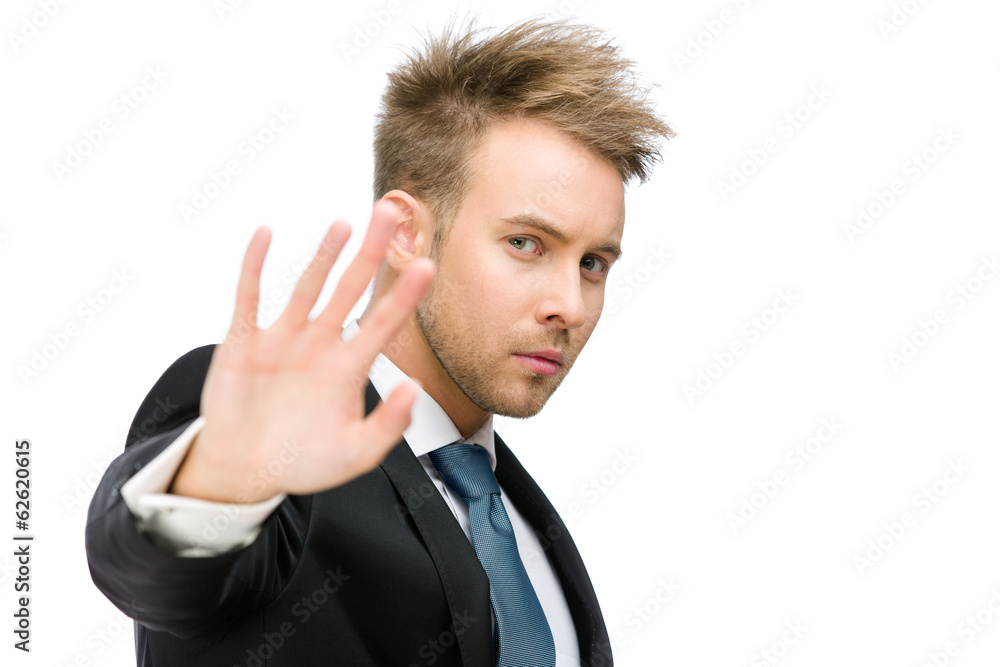 Portrait of business man stop gesturing, isolated Portrait of business man stop gesturing, isolated