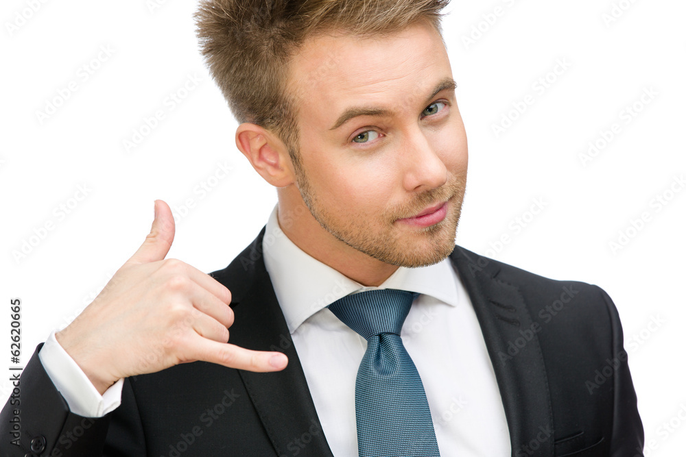 Portrait of businessman phone gesturing, isolated Portrait of businessman phone gesturing, isolated