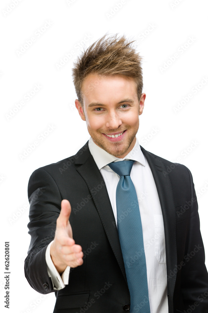 Half-length portrait of business man handshake gesturing Half-length portrait of business man handshake gesturing