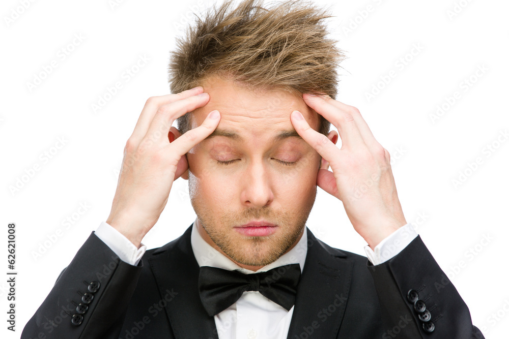 Portrait of manager with closed eyes putting hands on head Portrait of manager with closed eyes putting hands on head