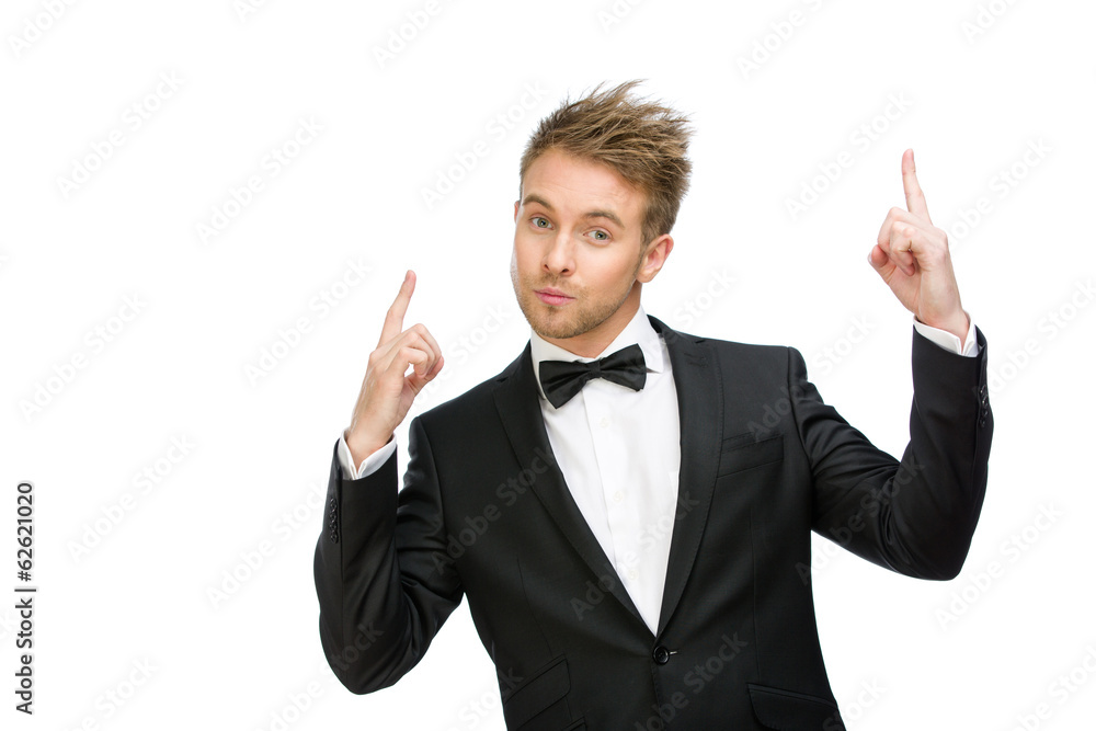 Half-length portrait of executive pointing hand gesture Half-length portrait of executive pointing hand gesture