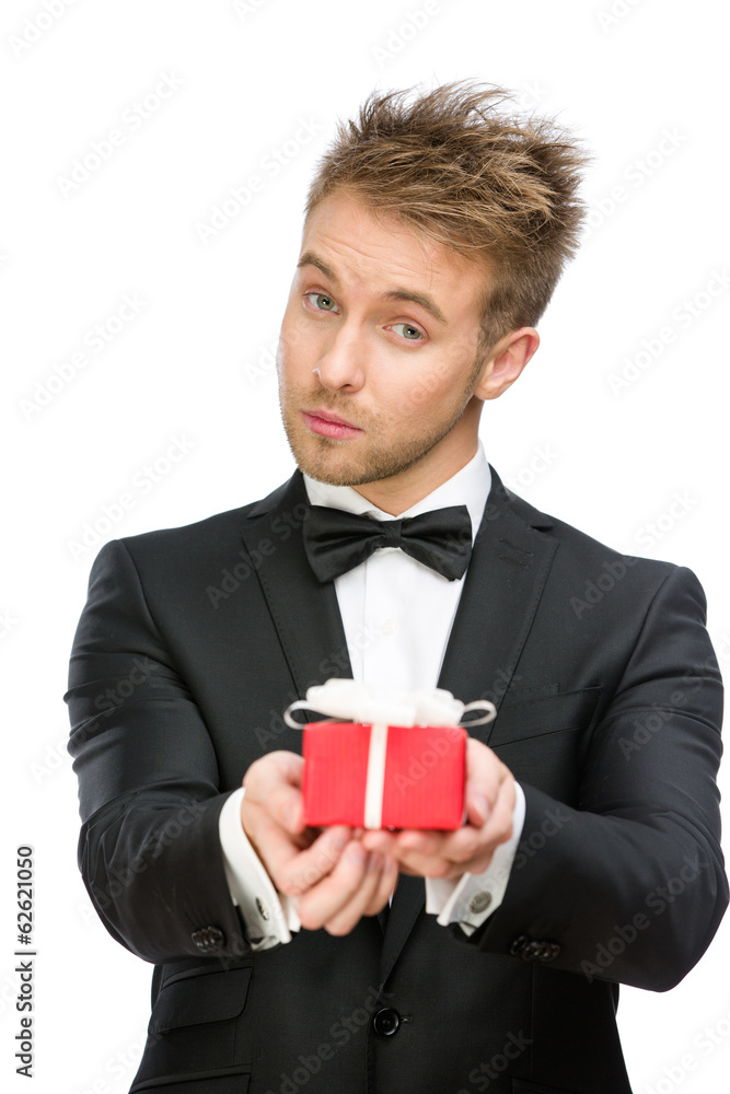 Half-length portrait of businessman keeping present box Half-length portrait of businessman keeping present box