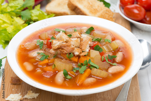 vegetable minestrone with croutons on a plate, close-up