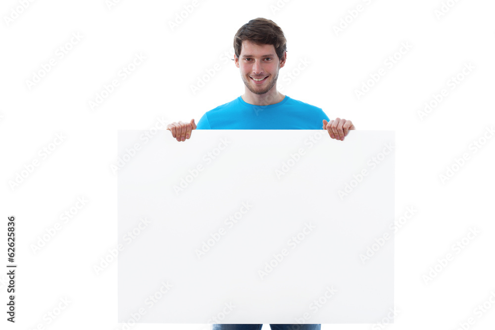 Smiling man keeping board Smiling man keeping board