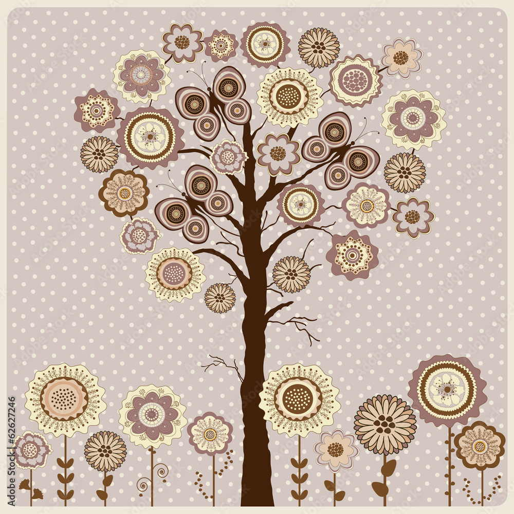 Floral card with abstract tree and flowers Floral card with abstract tree and flowers