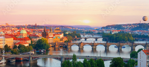Prague, view of the Vltava River in summer evening