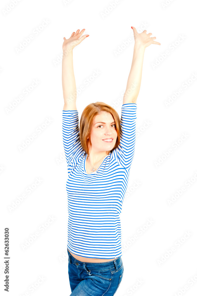 beauty with hands raised on white background smiling beauty with hands raised on white background smiling