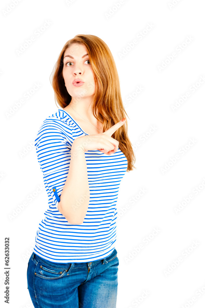 beautiful girl on a white background in the studio shows beautiful girl on a white background in the studio shows