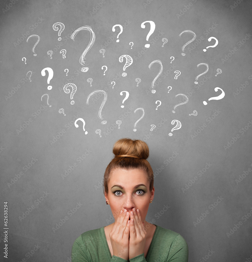 Young woman with question marks above her head Young woman with question marks above her head