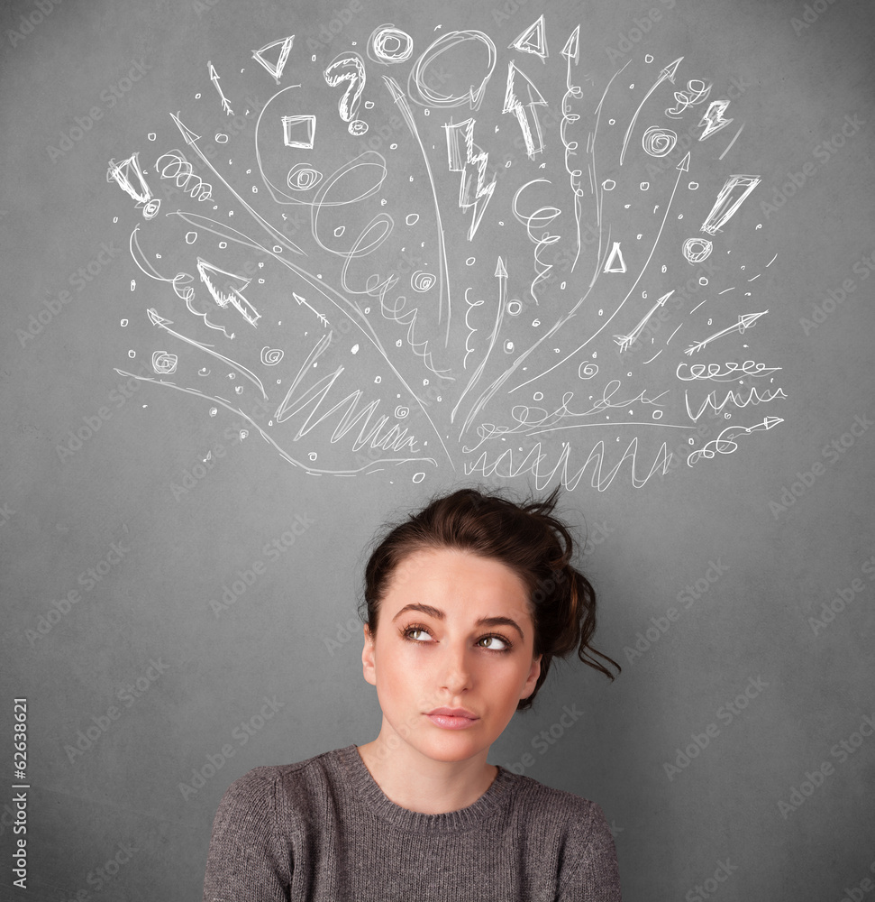 Young woman thinking with sketched arrows above her head Young woman thinking with sketched arrows above her head