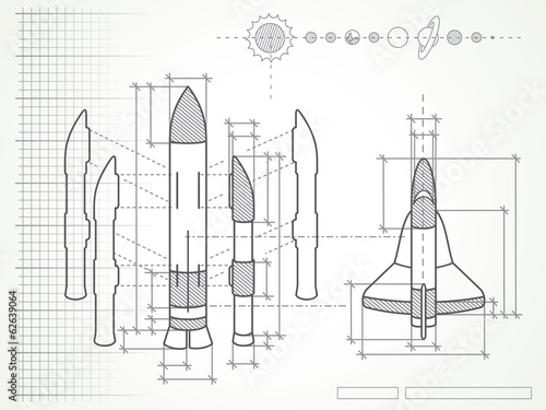 blueprint with space shuttle scheme and planets