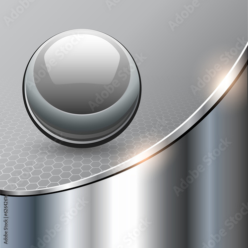 Metallic background with glass sphere, vector 3D illustration..