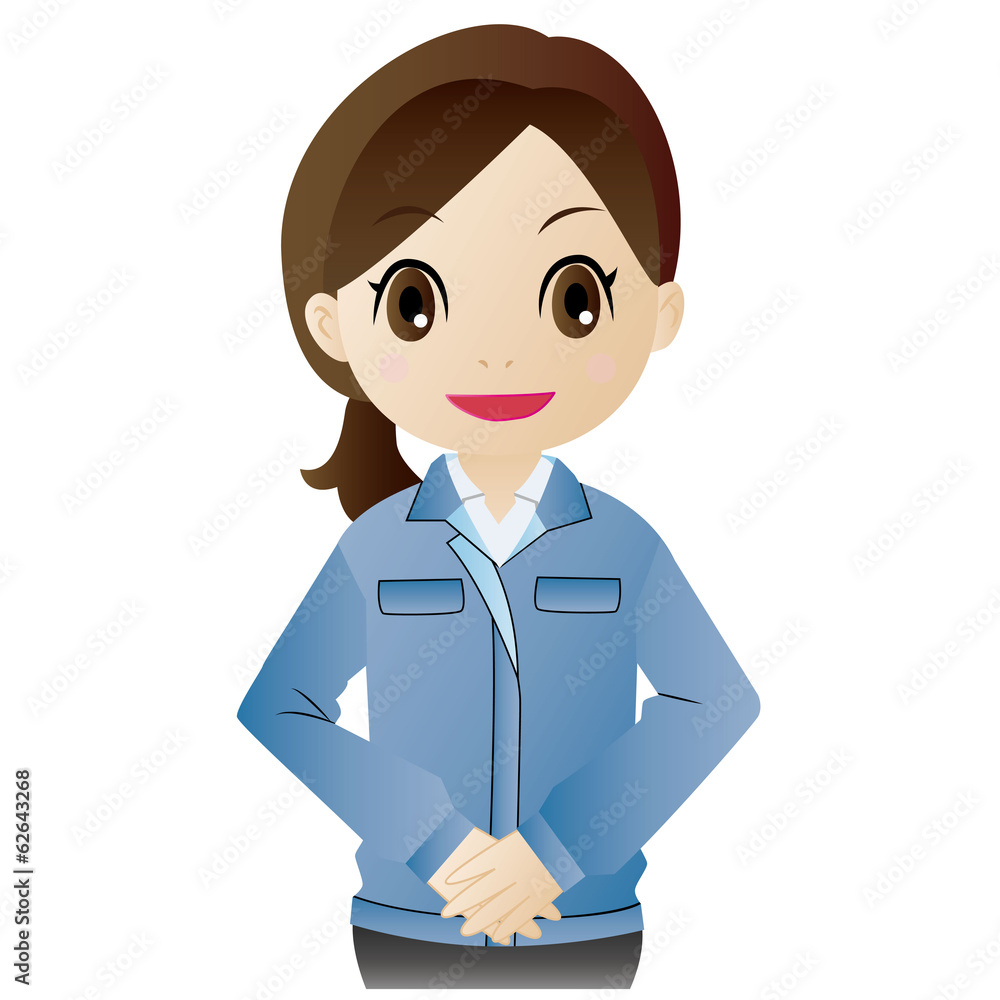 出迎える作業服の女性