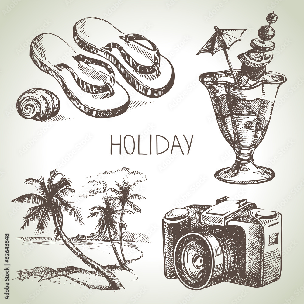 Obraz premium Travel and holiday set. Hand drawn sketch illustrations