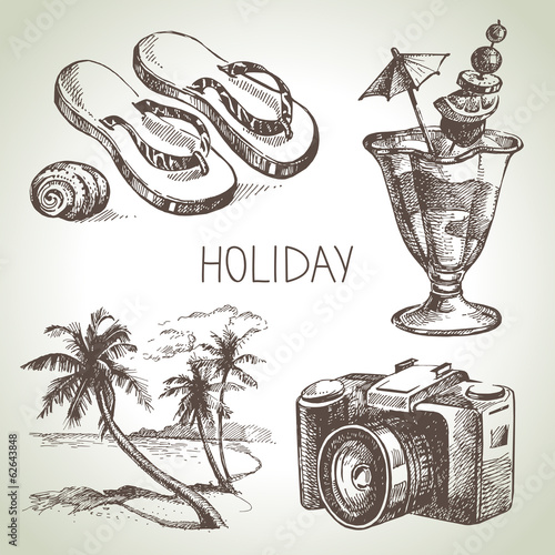 Travel and holiday set. Hand drawn sketch illustrations