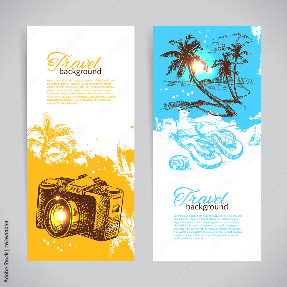 Fototapeta premium Banner set of travel colorful tropical splash backgrounds