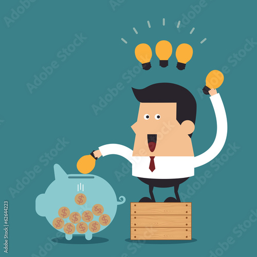 Young businessman putting light bulb into a piggy bank, Business