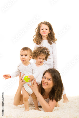 Happy mom with three children