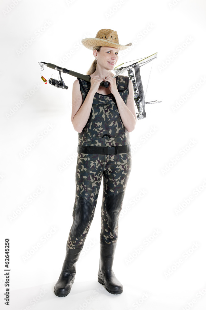 fisher woman with fishing rod and net in studio fisher woman with fishing rod and net in studio
