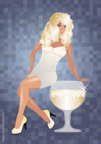 Sexy blonde girl and wine glass, vector illustration