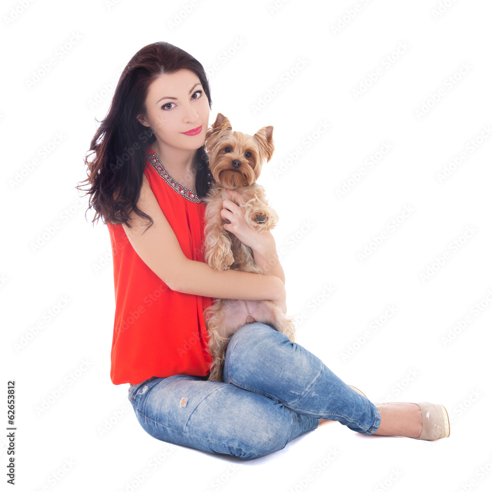 young beautiful woman sitting with his little dog yorkshire terr young beautiful woman sitting with his little dog yorkshire terr