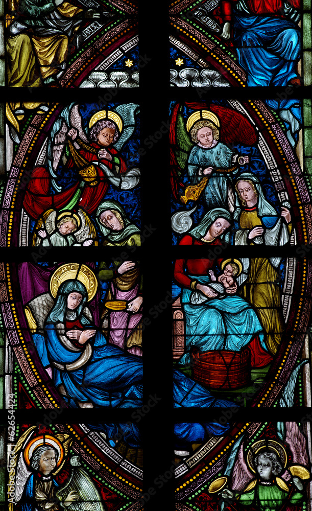 Nativity: birth of jesus in stained glass