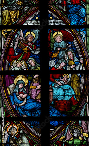 Nativity: birth of jesus in stained glass