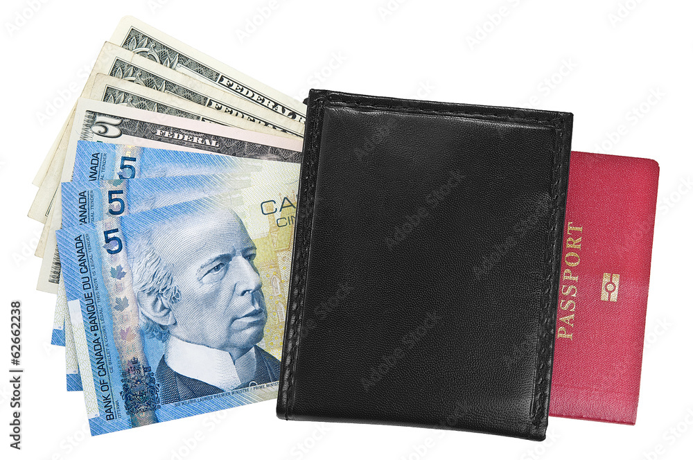 Canadian, american dollars, purse and passport. Canadian, american dollars, purse and passport.