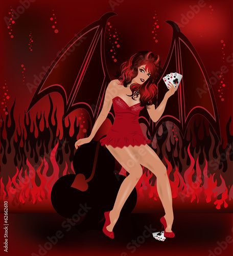 Sexual devil girl with poker cards, vector illustration