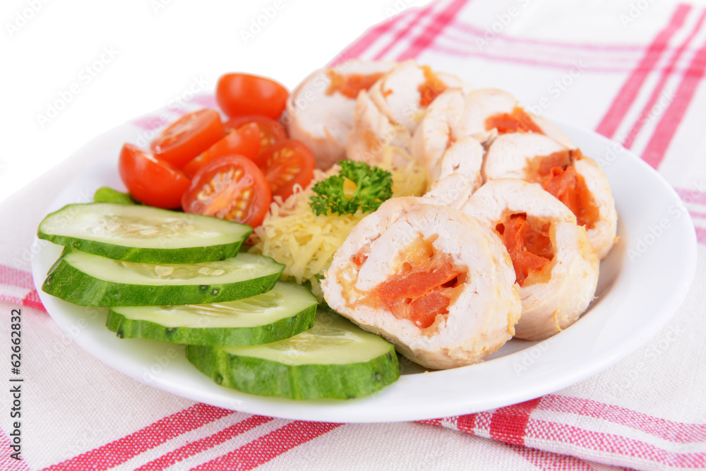 Delicious chicken roll on plate on table close-up