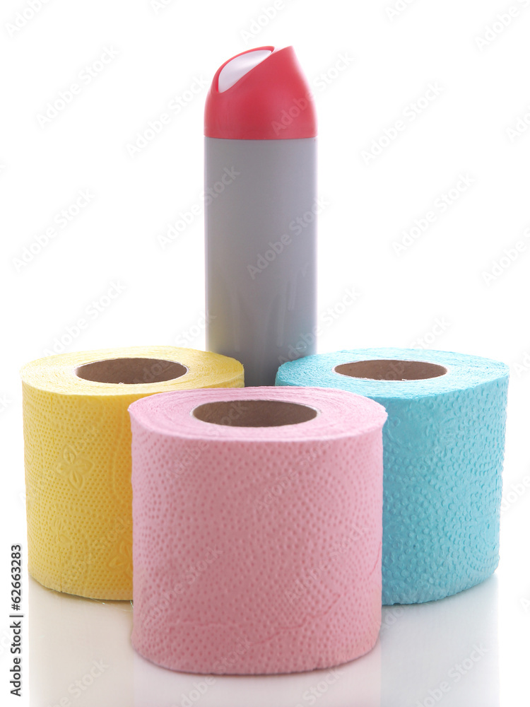 Colorful toilet paper rolls and air fresher, isolated on white Colorful toilet paper rolls and air fresher, isolated on white