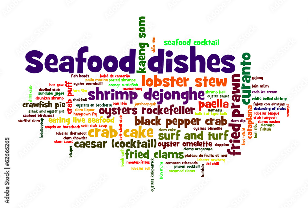 Fototapeta premium Seafood dishes word cloud