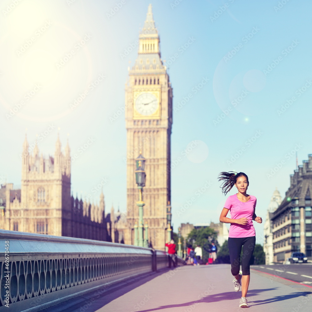 Fototapeta premium London woman running Big Ben - England lifestyle