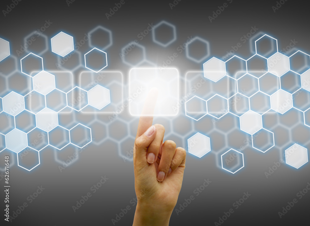 Woman hand touching digital interface Woman hand touching digital interface