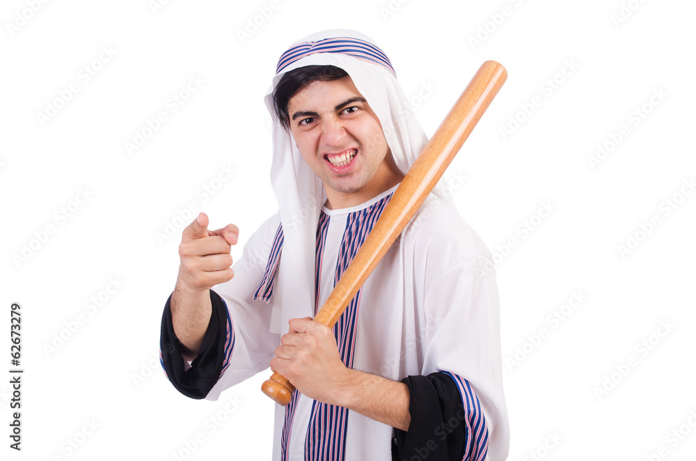 Aggressive arab man with baseball bat on white Aggressive arab man with baseball bat on white