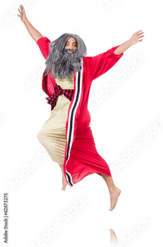 Jumping wizard isolated on white