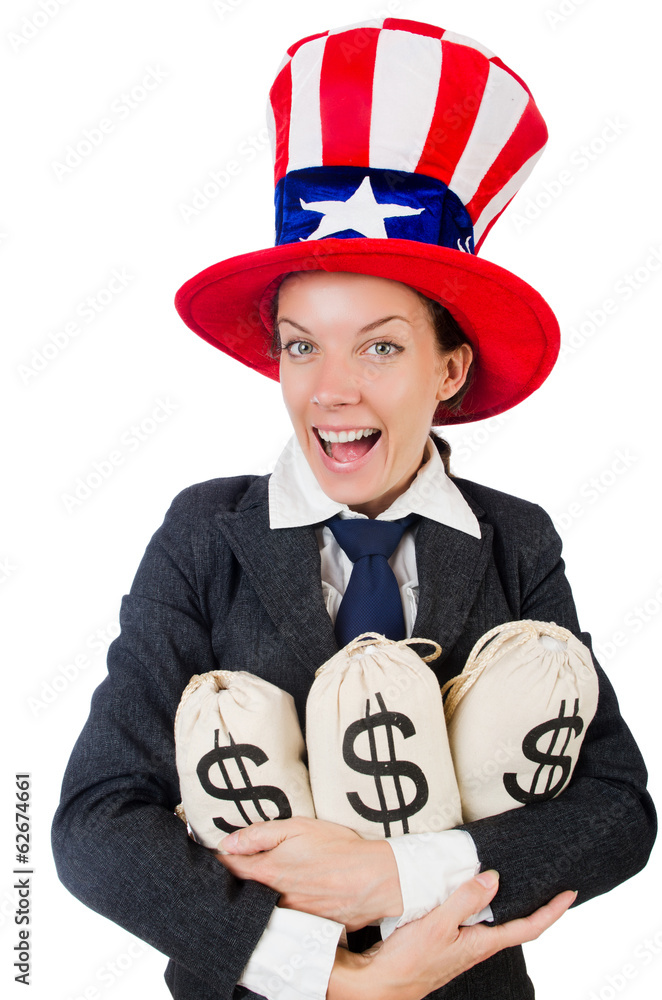 Businesswoman with sacks of money on white Businesswoman with sacks of money on white