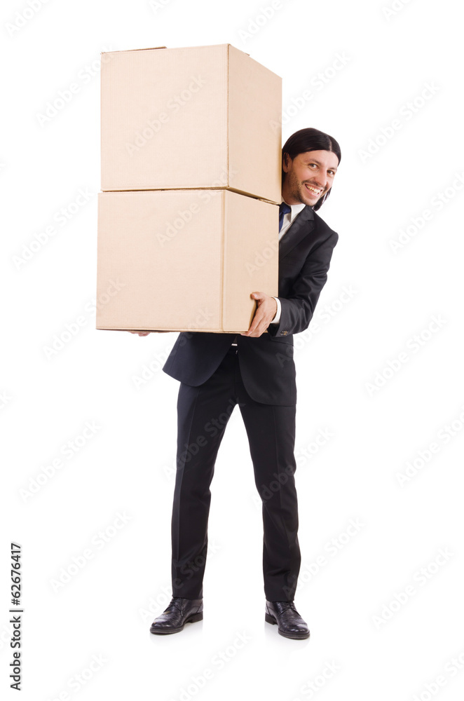 Funny man with boxes on white Funny man with boxes on white