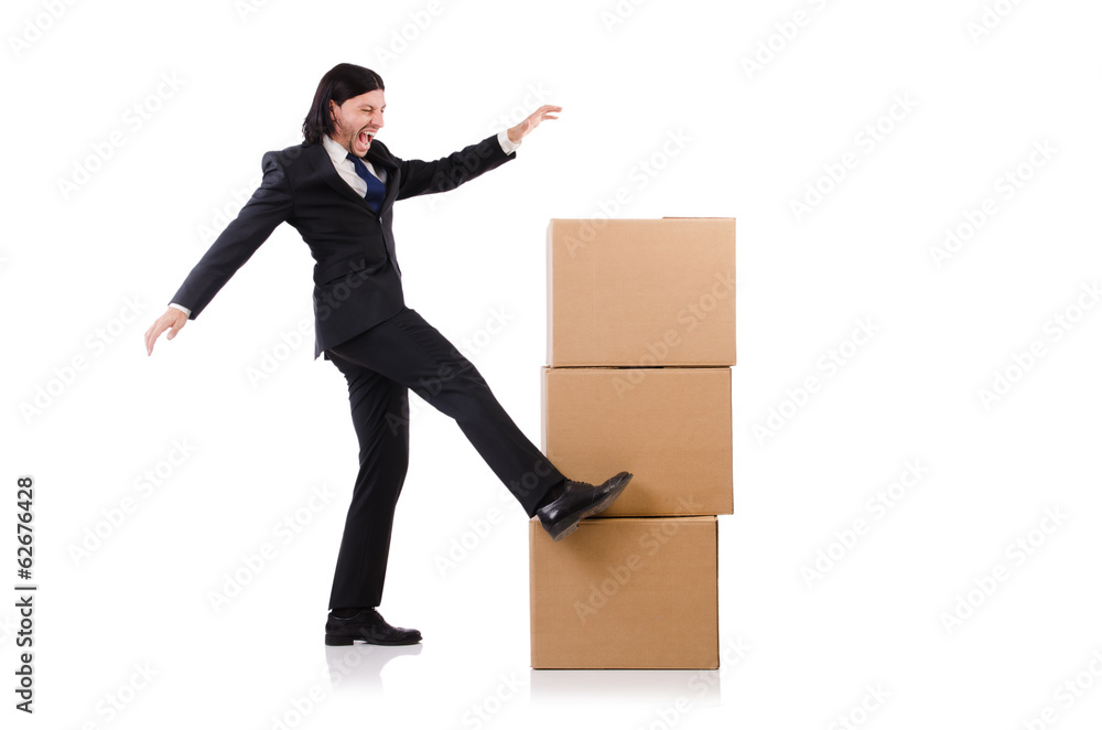 Funny man with boxes on white Funny man with boxes on white