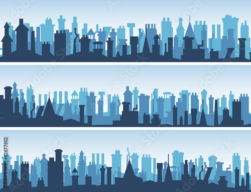 Horizontal banners of roofs with numerous chimneys.