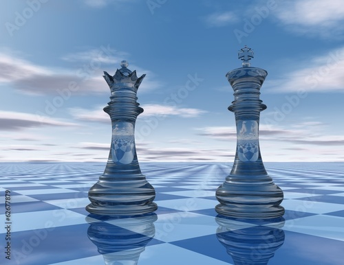 abstraction blue background with chess king and queen pieces