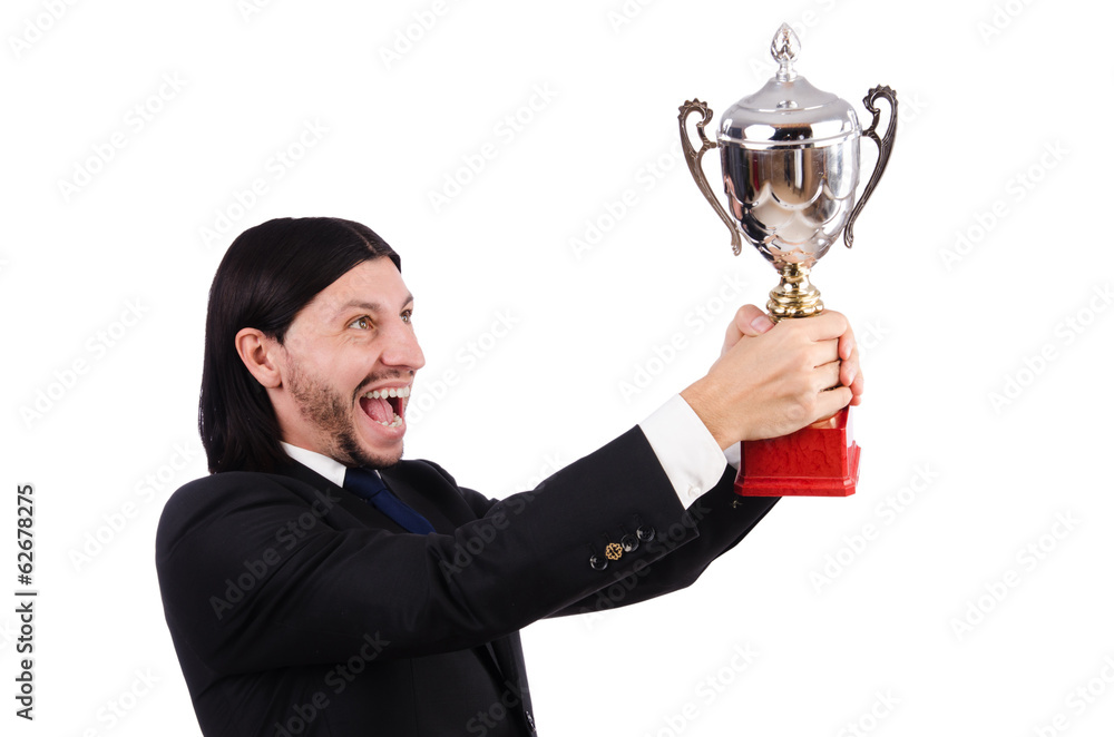 Businessman awarded with prize cup isolated on white Businessman awarded with prize cup isolated on white