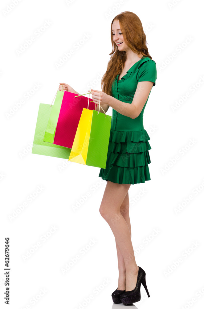 Woman after shopping isolated on white